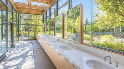 Fototapeta premium Modern restroom design featuring sleek sinks, large mirrors, and abundant natural light in a contemporary glass building surrounded by greenery