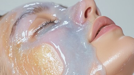 Fototapeta premium Close up Skincare Woman with Glowing Honey Pearl Face Mask