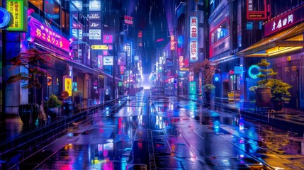 Fototapeta premium A rainy, neon-lit city street at night with reflections on the wet pavement, showcasing vibrant signs and a futuristic atmosphere