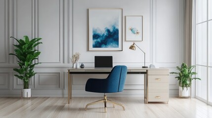 Fototapeta premium Modern and Stylish Home Office Interior with Blue Accent Chair, Green Plants, Wooden Desk, and Elegant Wall Art in a Bright, Airy Room