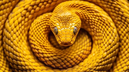 Fototapeta premium Golden Serpent: A Close-Up Masterpiece - A mesmerizing close-up of a coiled yellow snake, symbolizing nature, mystery, power, beauty, and danger.