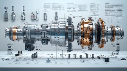 Mechanical blueprint showcasing a complex industrial gearbox