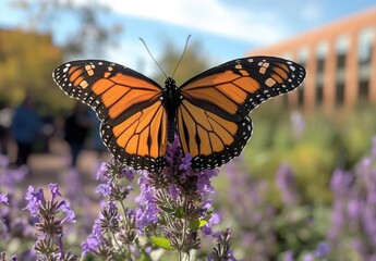 Naklejka premium Vibrant Monarch Butterfly Perched on Purple Flower in a Garden Setting, Showcasing Nature's Beauty with Bright Orange and Black Wings Against a Soft Background