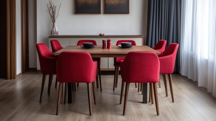 Modern dining room with red chairs and a wooden table.