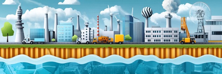 Naklejka premium Industrial Cityscape: Energy and Infrastructure - A vibrant illustration showcasing industrial infrastructure, energy production, transportation, and urban development, symbolizing progress, industry,