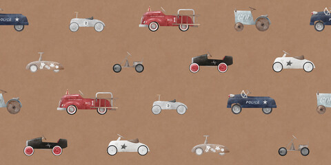 Children's wallpaper with toy cars. Watercolor illustration. Brown background for children's room. Vintage style. © bukhavets