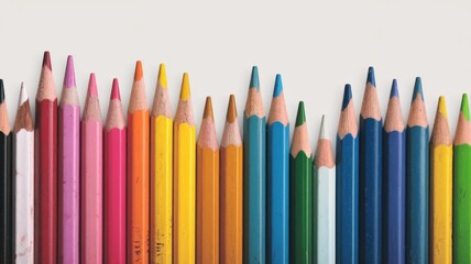 Fototapeta premium A banner with colored pencils on a white background. The pencils are arranged from left to right in ascending order of color saturation.