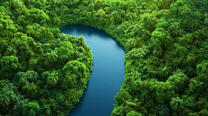 Fototapeta premium Lush Jungle River Aerial View - Serene aerial shot of a vibrant jungle with a winding river, symbolizing nature, peace, exploration, growth, and tranquility.