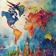 Naklejka premium I Love Traveling - Air Transport, Tourism Concept, Vector Illustration - Design with Flying Airplane on an Intercontinental Long Distance Route Leaves a Colorful Heart Shaped Trace on a Gray World Map