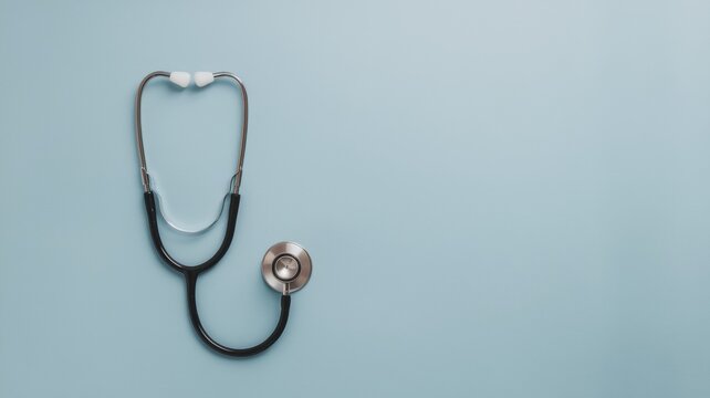 A stethoscope, on a plain light blue background. With a place for the text.
