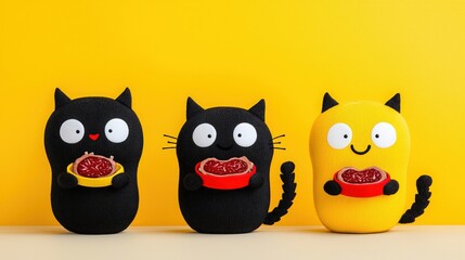 Fototapeta premium Cute Monster Cats Eating Steak Yellow Background Fun Illustration