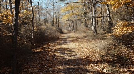 Obraz premium Sunlit autumn path through a forest with fallen leaves.
