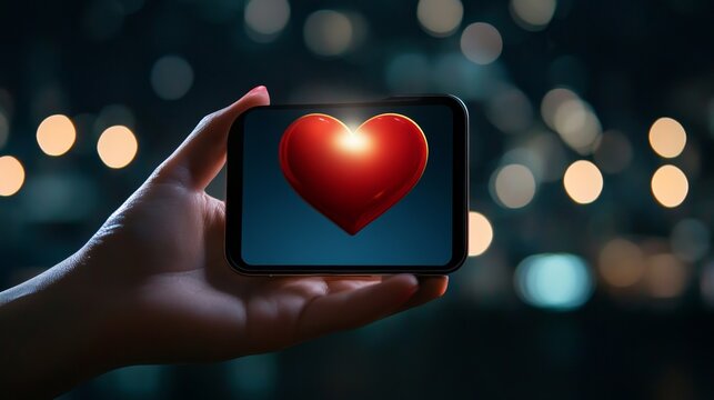 Mobile Heart: Online Love and Connection - A glowing heart icon on a smartphone screen symbolizes love, connection, digital romance, online dating, and social media affection.
