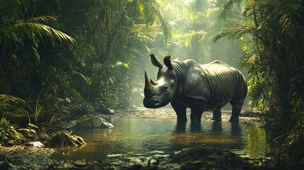 Fototapeta premium A Javan rhino standing near a watering hole in a lush rainforest, with soft natural lighting.