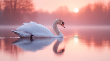 Fototapeta premium Swan swimming on a calm lake during a beautiful sunrise