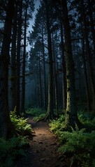 Fototapeta premium Serene ancient forest with moonlit twilight.