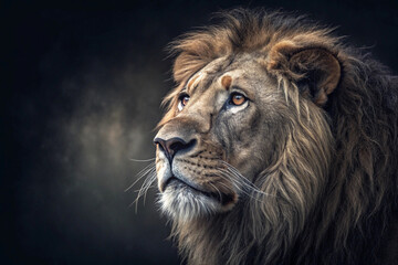 Fototapeta premium A lion with a black background that says lion on it.