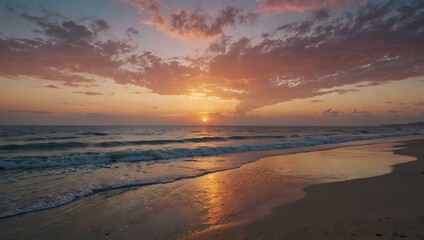 Obraz premium Serene beach at sunset with pastel sky colors.