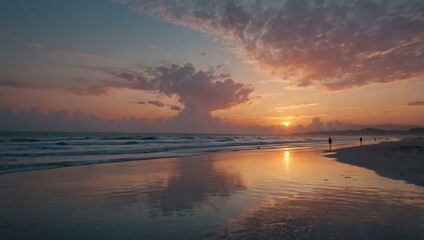 Fototapeta premium Serene beach at sunset with pastel sky colors.