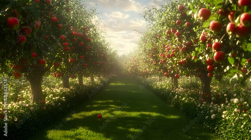Wall mural sunlit orchard path lined with apple trees laden with ripe red apples.