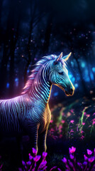 Magical glowing zebra with neon stripes in a fantasy forest. Vertical wallpaper illustration.