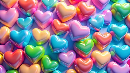 On-trend image of glossy multicolored 3D hearts in neon shades in kawaii style.