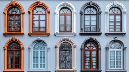 Obraz premium A colorful facade featuring various window designs and styles.