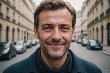 Fototapeta premium Close portrait of a smiling 40s French man looking at the camera, French city outdoors blurred background