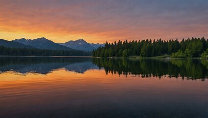 Fototapeta premium Serene lake reflecting the colors of a sunset.