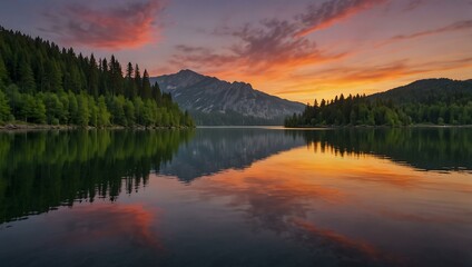 Serene lake reflecting the colors of a sunset.