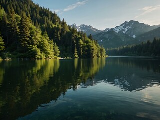Fototapeta premium Serene lake surrounded by lush green trees and mountains.