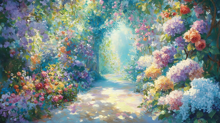 Obraz premium Sunlit path through vibrant blooming flowers and lush greenery in a tranquil garden.