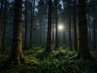 Obraz premium Serene moonlit twilight in an ancient forest.