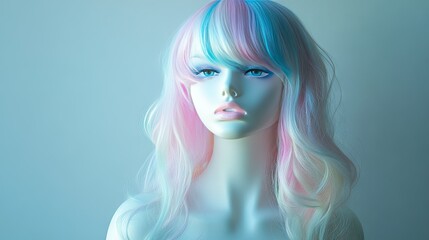 Fototapeta premium A mannequin head with a multicolored pastel wig, styled into soft, playful waves.