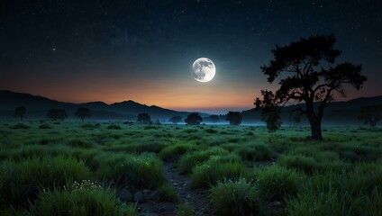 Fototapeta premium Serene night landscape under a bright full moon.