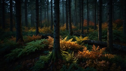 Obraz premium Serene nighttime forest illuminated by autumn foliage.