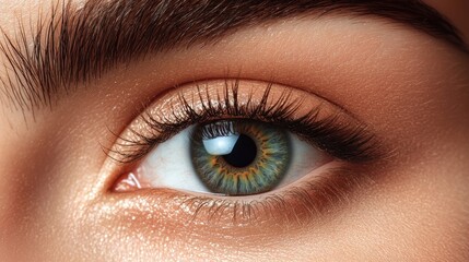 Obraz premium Close-up of a Woman's Eye with Makeup, Featuring Green Iris and Long Eyelashes