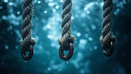 Submerged ropes with water droplets and blue background