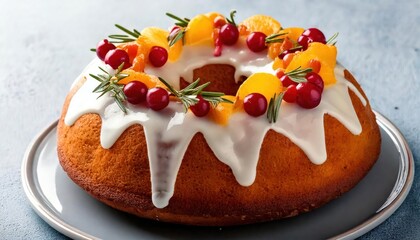 Obraz premium A close-up of a cranberry and orange Bundt cake, glazed with citrus icing and garnished 
