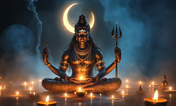 A depiction of the Hindu god Shiva meditating in a dark, mystical setting with a crescent moon above him.  He is surrounded by flickering candles, and smoke swirls around him.