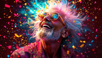 Golden 50th birthday celebration, red confetti burst, AI photo.