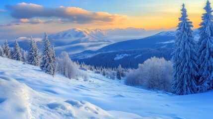 Obraz premium Serene winter landscape with snow-covered mountains and trees.