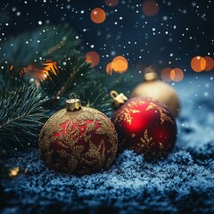 Christmas balls on snow background