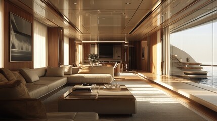 A 3D designer models a high-end luxury yacht, focusing on the realistic textures of polished wood, reflective metal,