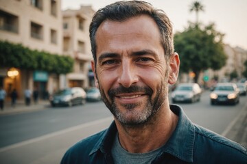 Obraz premium Close portrait of a smiling 40s Israeli man looking at the camera, Israeli city outdoors blurred background
