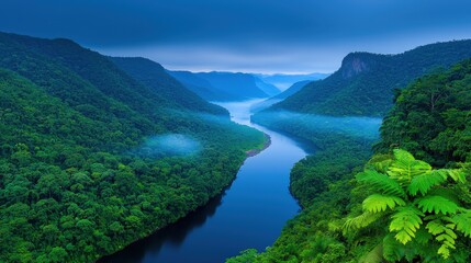 Aerial View of Serene River Winding Through Lush Jungle Landscape