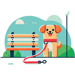 cartoon of a cheerful dog next to a park bench
