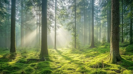 Obraz premium A misty morning in a pine forest, with soft light and natural shadows, serene and calm