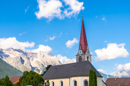 Detail of the beautiful church in the mountain village of Obsteig in Switzerland