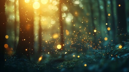 Fototapeta premium A mystical forest with glowing fireflies and soft bokeh effects